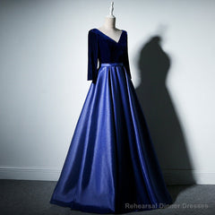 Pretty Royal Blue Long Sleeves Satin with Velvet Party Dress, A-line Long Prom Dress