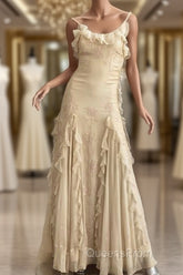 Pretty Sheath Spaghetti Straps Yellow Floor Length Evening Dress Chiffon Evening Prom Dress