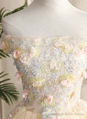 Pretty Tulle Champagne Off Shoulder Prom Dress, Flowers Lace Formal Dress