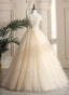 Pretty Tulle Champagne Off Shoulder Prom Dress, Flowers Lace Formal Dress