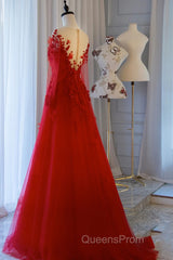 Pretty Tulle Long Evening Prom Dress With Applique,Red Party Dress Formal Evening Dress