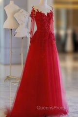 Pretty Tulle Long Evening Prom Dress With Applique,Red Party Dress Formal Evening Dress