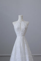 Princess A Line High Neckline White Lace Long Wedding Dress Brides Dress