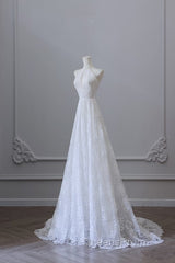Princess A Line High Neckline White Lace Long Wedding Dress Brides Dress
