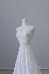 Princess A Line High Neckline White Lace Long Wedding Dress Brides Dress