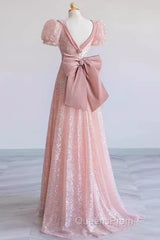 Princess A Line Pink Short Sleeves Sequin Long Evening Prom Dress