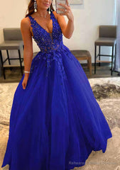 Princess A-line V Neck Sleeveless Sweep Train Tulle Prom Dresses With Appliqued Beading