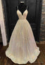 Princess A-line V Neck Spaghetti Straps Long/Floor-Length Sequined Prom Dresses With Pleated