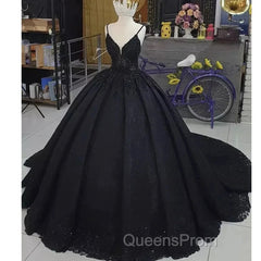 Princess Ball Gown Spaghetti Straps Beaded Black Wedding Dress