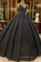 Princess Ball Gown Spaghetti Straps Beaded Black Wedding Dress