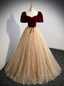 Princess Burgundy & Champagne Gold Panel A-Line Short Sleeve Tulle Long Classy Prom Dress