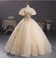 Princess Champagne Gold Square Neck Puff Sleeve Gold Embroidered Floral Tulle Ball Gown Prom Dress Sweet 16 Dress