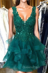 Princess Lace Appliques Dark Green Homecoming Dress with Flounced,Short Evening Prom Dress
