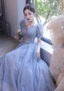 Princess Light Haze Blue Puff Sleeve A-Line Tulle Long Classy Prom Dress