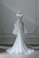 Princess Mermaid Sweetheart White Tulle Long Wedding Dress Brides Dress
