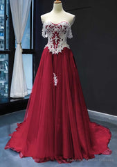 Princess Off-the-Shoulder Sweep Train Tulle Satin Prom Dresses With Appliqued