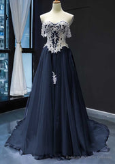 Princess Off-the-Shoulder Sweep Train Tulle Satin Prom Dresses With Appliqued