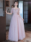 Princess Pink A-Line Square Neck Puff Short Sleeve Bow Tulle Long Classy Prom Dress