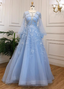 Princess Sky Blue Long Crew Neck Feather Sparkling Diamond Tulle Classy Prom Dress