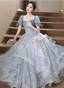 Princess Slate Blue A-Line Puff Sleeve Embroidered Tulle Long Classy Prom Dress