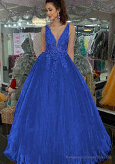 Princess V Neck Long/Floor-Length Tulle Prom Dresses With Appliqued
