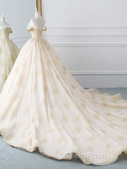 Princesse De Luxe Off The Shoulder Short Sleeve Beaded Sequins Appliques Luxury Princess Ball Gown Wedding Dress Evening Prom Dress Evening Dress