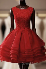 Red Round Neckline Layers Short Evening Prom Dress, Red Lace Homecoming Dress