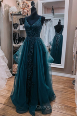 Teal Blue Tulle V-Neckline Long Party Dress With Lace, Teal Blue Long Evening Prom Dress