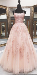 Lace Appliques Pink A LineTulle Long Evening Prom Dress With Straps
