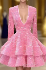 Pink Cocktail Dress A-Line V-Neck Long Sleeve Shiny Sequin Homecoming Dress