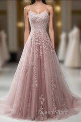 Pink Lace Applique A Line Elegant Spaghetti Straps Evening Prom Dress