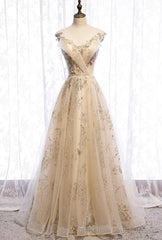 Champagne Tulle Sequins Long Prom Dress Evening Gown
