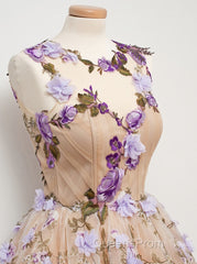 A Line Jewel Tea Length Open Back Champagne Tulle With Appliques Flowers Short Homecoming Dress