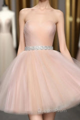 Strapless Blush Pink Tulle Short With Sash Sweet 16 Cute Evening Prom Dress