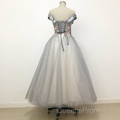 Light Grey Tulle Off Shoulder Flower Lace A Line Evening Prom Dress