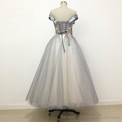 Light Grey Tulle Off Shoulder Flower Lace A Line Prom Dresses