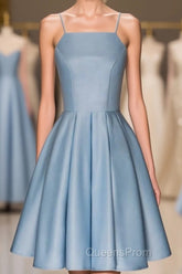 Sky Blue A Line Satin Blue Spaghetti Straps Short Evening Prom Dress