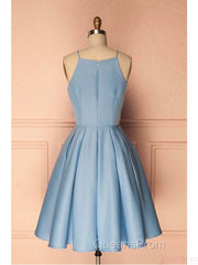 Sky Blue A Line Satin Blue Spaghetti Straps Short Evening Prom Dress