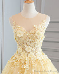 Yellow Lace Customize Long A Line Senior Halter Prom Dresses