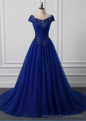 Long Neck Appliqued Wedding Dress Royal Blue Wedding Party Dresses