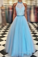 Prety Halter Long Lace Tulle Beding Light Blue For Teens Elegant Evening Prom Dress