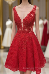 Cute Red Lace Appliques Short V Neck Sleeveless Mini Dc14 Evening Prom Dress