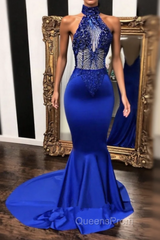 High neck halter beaded royal blue satin . Sleeveless. Illusion beading bodice. Mermaid long with sweep train Evening Prom Dress