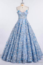 Princess Spaghetti Strap 3D Flower Applique Sky Blue Prom Dresses
