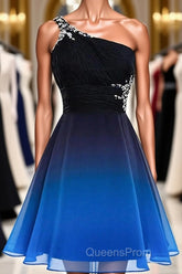 A Line Ombre Blue And Black One Shoulder Short Dc289 Evening Prom Dress