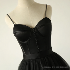 Ball Gown Spaghetti Straps Black Tulle Prom Dress, Long Brush Sweep Train Prom Dress