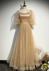 Tulle Embroidery Puff Sleeve Prom Dresses