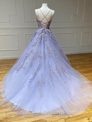 Long Backless Lavender Lace Evening Prom Dress