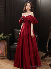 Dark Red Satin Style Off Shoulder Long Prom Dress, A-line Long Formal Dress