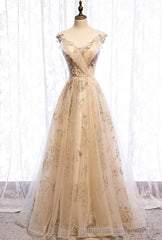 Champagne Tulle Sequins Long Prom Dress Evening Gown